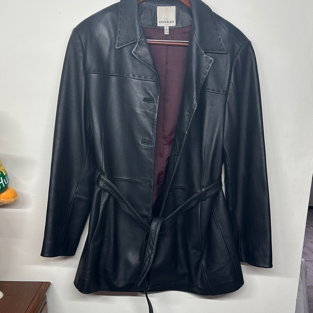 Anne Klein Elegant Black Leather Jacket/Genuine Lamb Skin